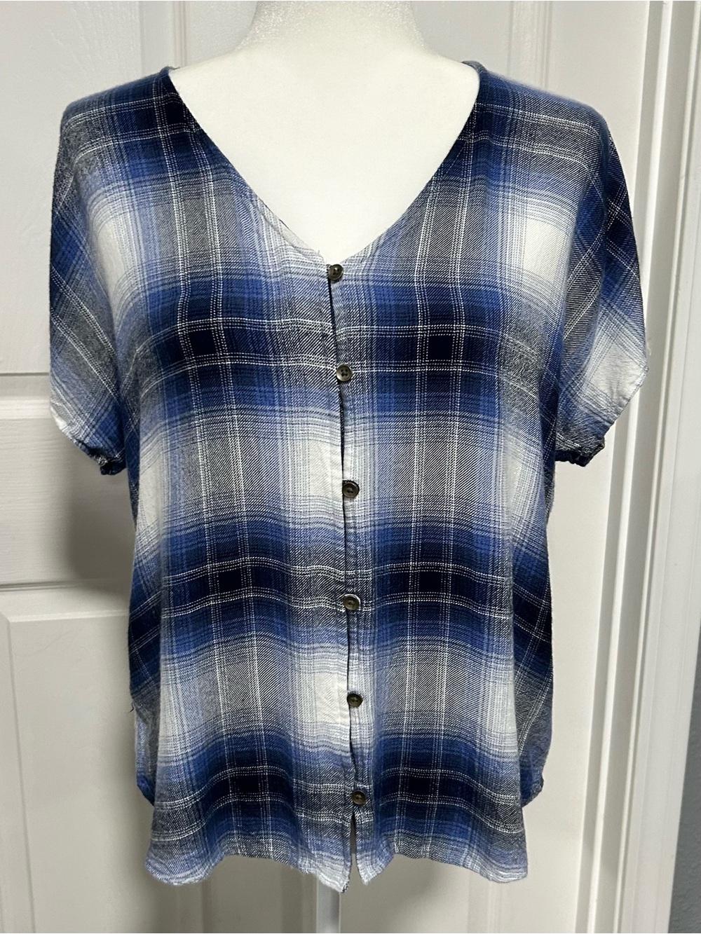 Maurices Blue and White Plaid Button-Front V-Neck Top